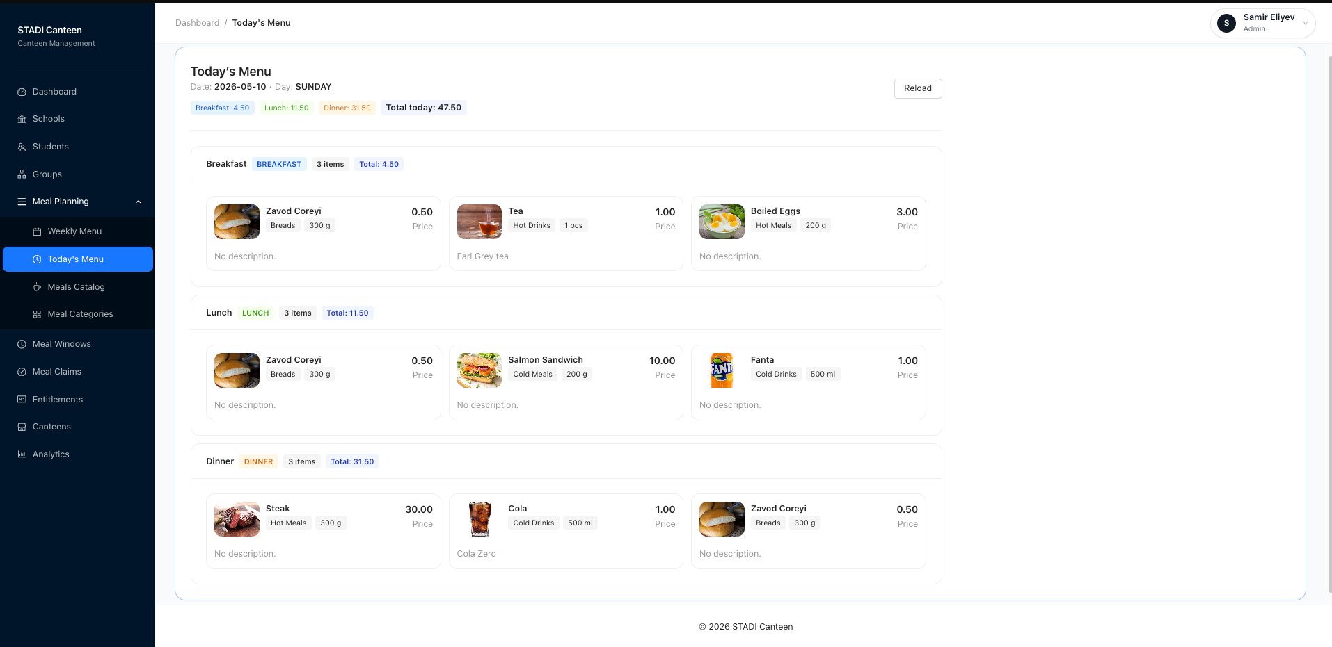 STADI Canteen daily menu and meal planning interface